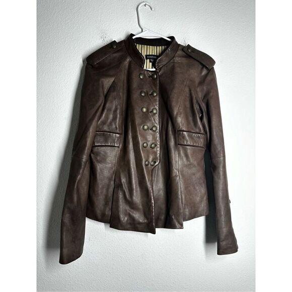 BEBE BROWN FINE LEATHER BUTTON FRONT JACKET TOP Sz L LINED See Description - Picture 1 of 16